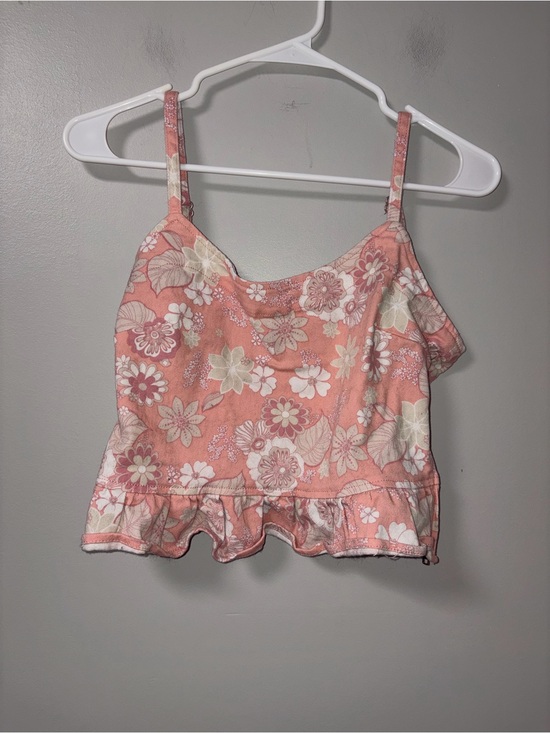 Altar'd State Tops - Altar’d State Pink Coral Floral Denim Crop Ruffle Peplum Hem Festival Boho M